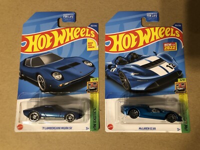 2022 Hot Wheels EXOTICS Lot (2)    71 LAMBO MIURA 5/10 & MCLAREN ELVA 6/10   NEW