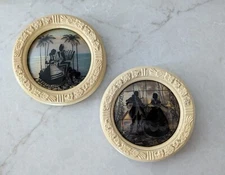 Pair of Vintage Silhouette Courting Couple Round Chalkware Frames - 5" Diam.