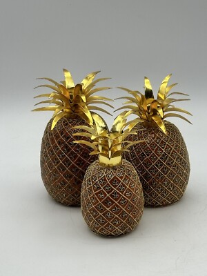 Cloisonné Pineapple Candle Holders Tiered Trio Brown And Gold Tone NOS