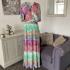 Pink & Multi Leopard Print Block Stripe V-Neck Flared Sleeve Maxi Dress S 8-10