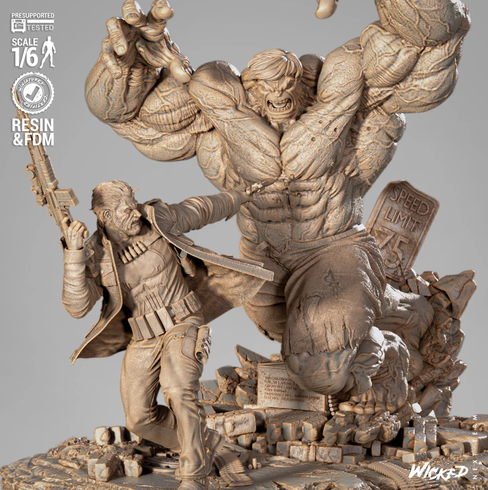 Hulk VS Punisher 3D Printed Diorama, Marvel Comic Statue, Unpainted - Image 3 of 4