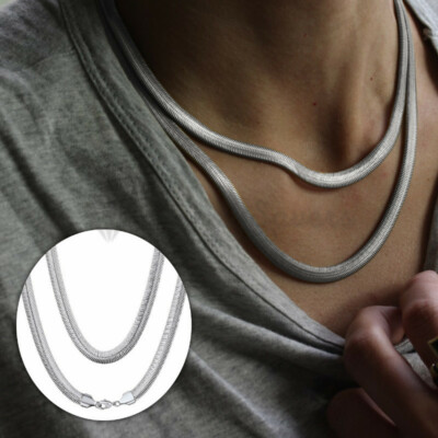 925 Sterling Silver Plated Round Flat Link Snake Chain Necklace