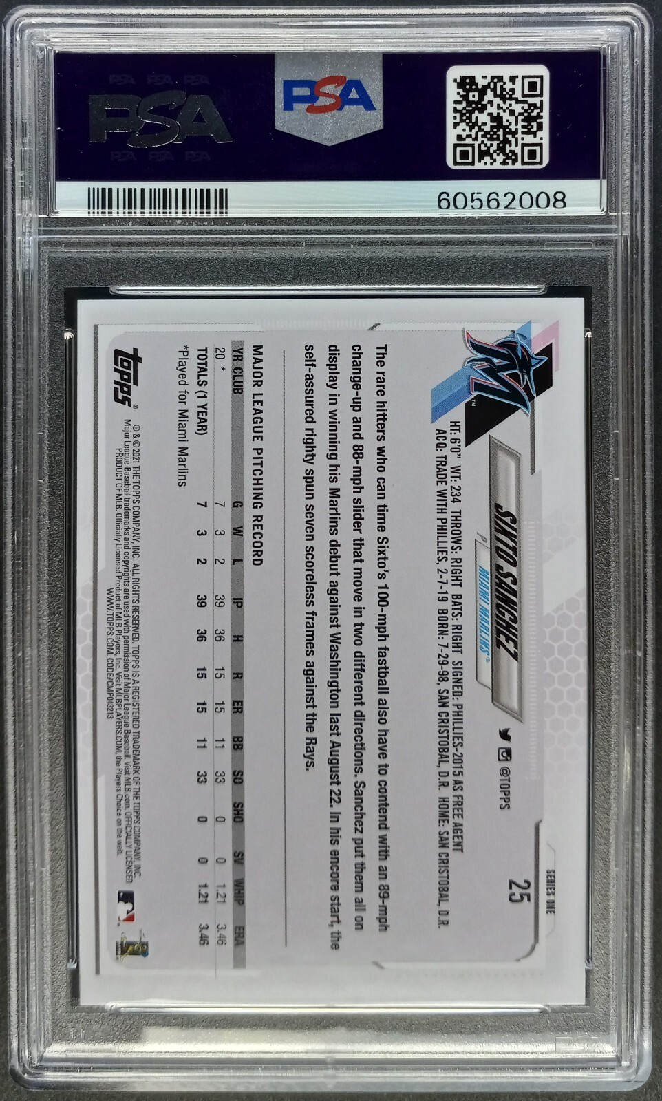 2021 Topps Gold Foil #25 Sixto Sanchez Rookie Card RC PSA 10 GEM MINT Graded view 2