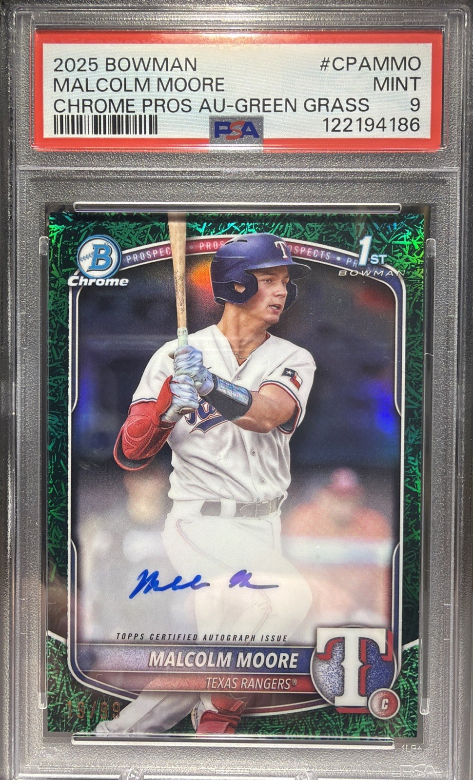 2025 BOWMAN CHROME 1ST AUTO MALCOLM MOORE GREEN GRASS 19/99 #CPA-MMO RANGERS