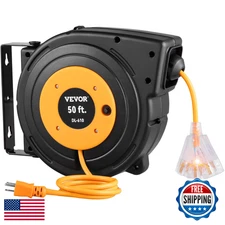 VEVOR 50ft Retractor Extension Cord Reel 14AWG/3C SJTOW Triple Tap 13A Breaker S