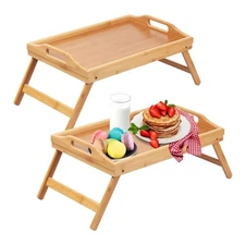 Bed Tray Table with Foldable Legs Bamboo Breakfast Handles Ideal for Sofa Eating