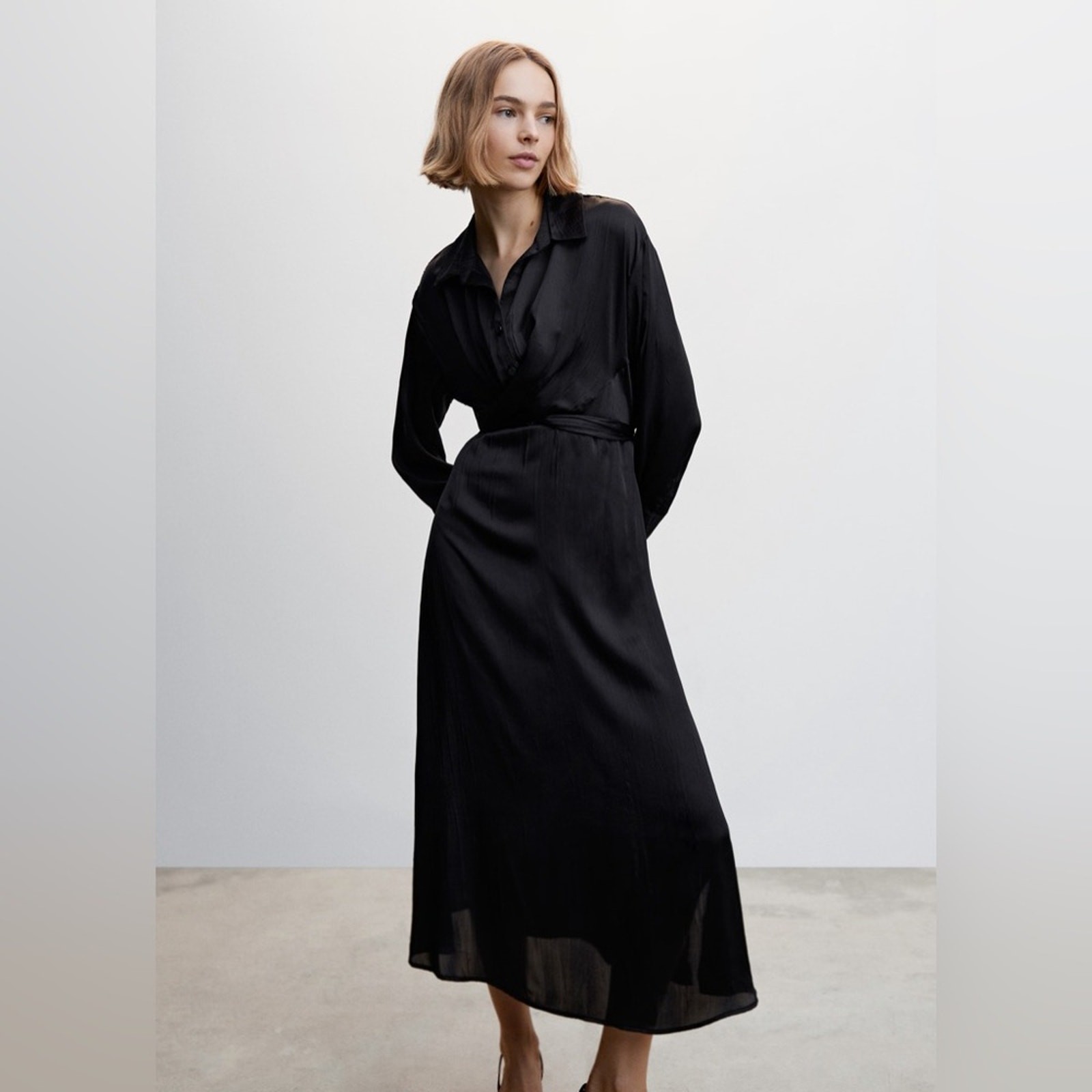 MNG Mango Elegant Black Satin Wrap Maxi Shirt Dress NWT Size 4 thumbnail 3