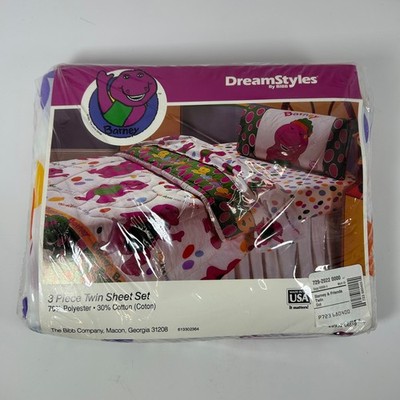 New VTG 90s Barney The Dinosaur Dreamstyles 3 Piece Twin Sheet Set 1992 NOS BIBB