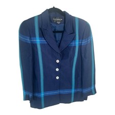 Liz Claiborne Vintage Navy Herringbone Plaid Blazer Jacket Linen Size 4P 90s