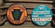 1975 Pennsylvania Fishing License Button & PA Forest Fire Crew Pin 