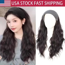 Women Long Curly Black Wig with Hair Hoop Smooth Natural Glossy Hair Accessories