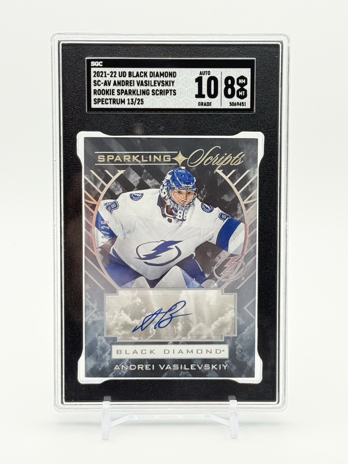 Andrei Vasilevskiy #SC-AV Hockey Cards 2021 Upper Deck Black Diamond Sparkling Scripts trading card — raw and PSA graded price guide