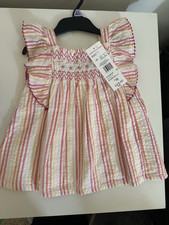 F&F Girls Pink/White Striped Smocked Embroidered Sleeveless Dress 3-6M