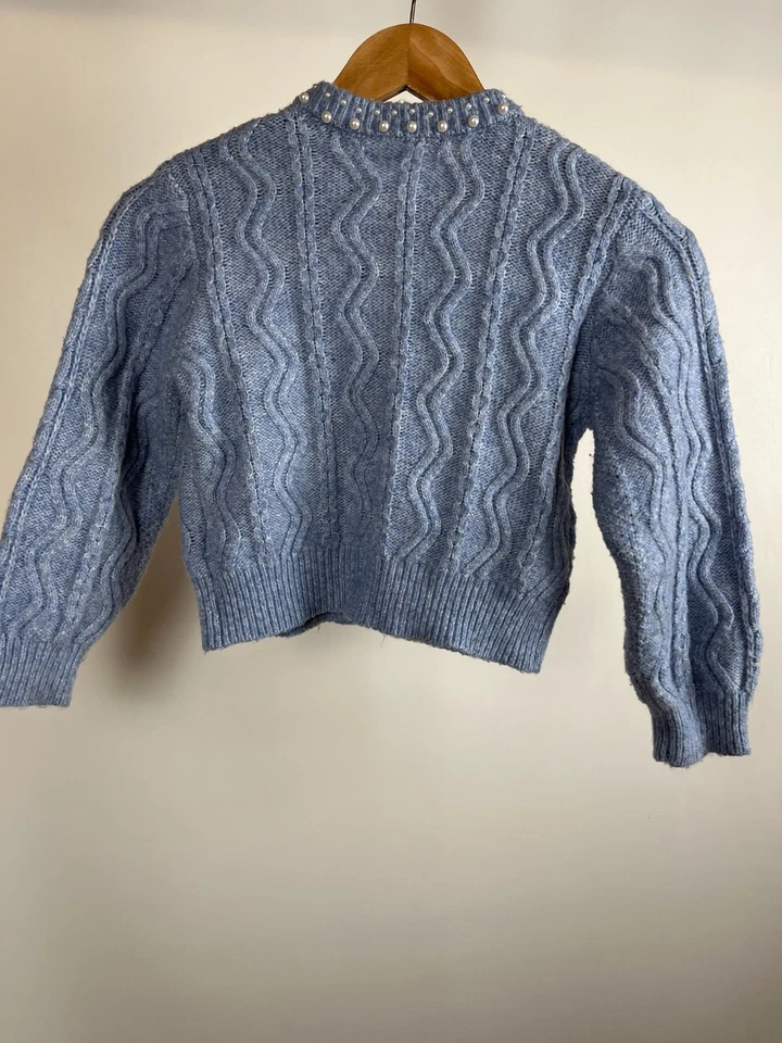 Zara Sweater Kid's Girls Sz 8-9 Blue Cardigan Pearl Cable Knit Ribbed Hem Preppy - Image 3 of 4