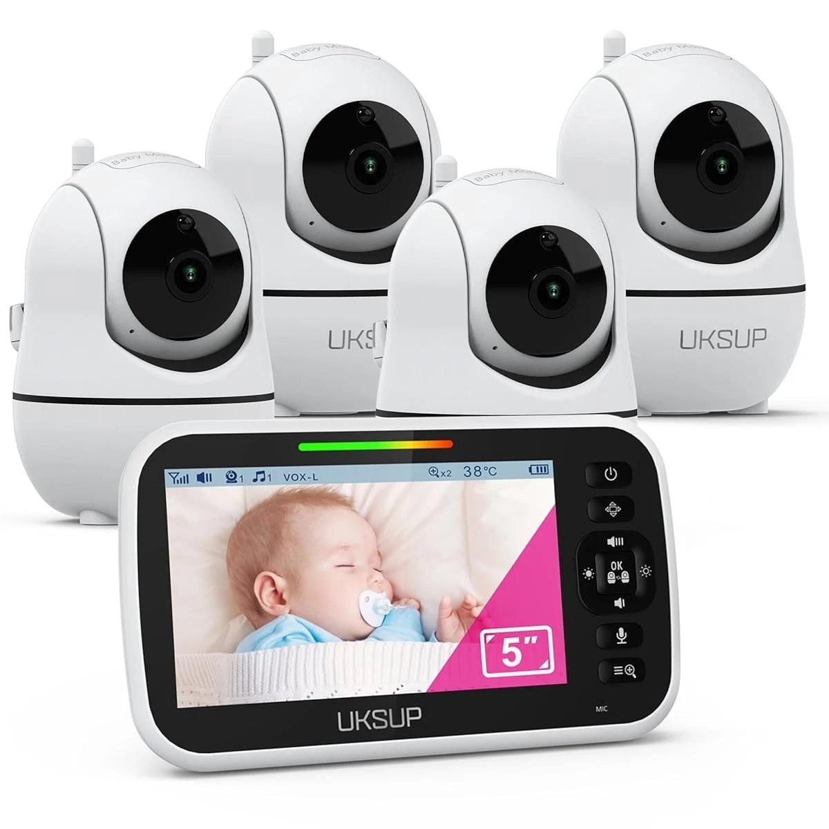 UKSUP Baby Monitor 4 Cameras 5in 720P Video Audio No WiFi 960ft 2-Way Talk
