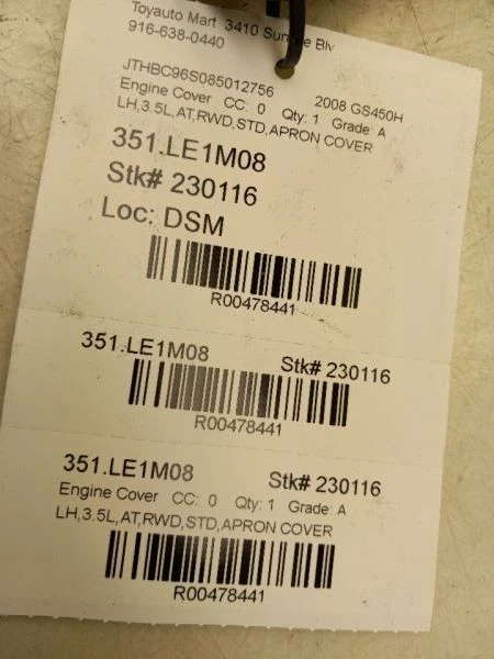 2008 LEXUS GS450H 3.5L 6CYL DRIVER SIDE APRON COVER  - Image 4 of 4