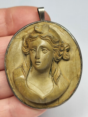 Victorian High Relief Lava Female Figure Bust Cameo Silver Pendant / Brooch