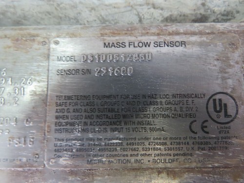 MICROMOTION MASS FLOW SENSOR DS100S128SU USED - Picture 7 of 7