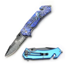 8" DARK FANTASY BLADES SPIDER WEB GRAPHIC SPRING ASSISTED FOLDING KNIFE BLUE