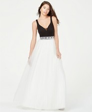  285 Speechless Junior Womens Black White Rhinestone-Belt A-Line Gown Dress 13
