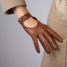 Brown Motorcycle Gloves REAL Leather Short Wrist Hallow Back Button Closure