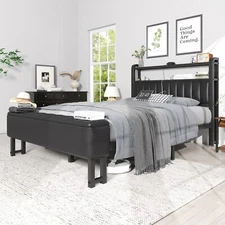 Metal F/Q Bed Frame with Storage Headboard ＆ Galaxy Aurora Star Projector