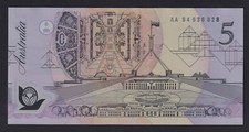 AUSTRALIAN BANKNOTE: 1992 $5 FRASER / COLE AA 94 - POLYMER NOTE #67