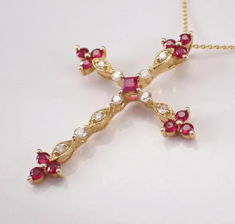 2CT Round Cut Lab-Created Pink Ruby Women Cross Pendant 14K Yellow Gold Plated - Image 3 of 4