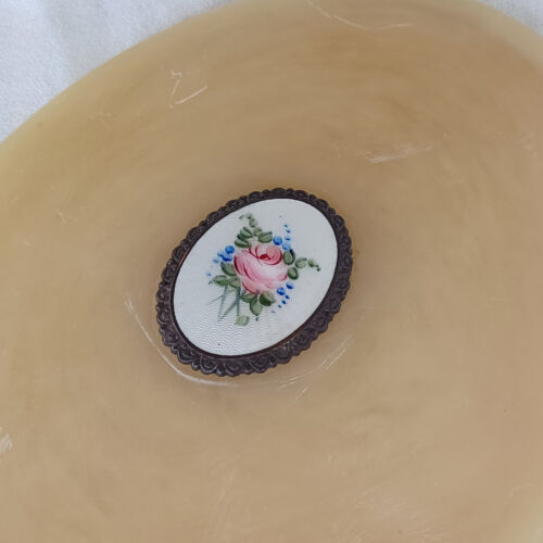 Antique 1930's Long Handled Dresser Mirror Guilloche Pink Rose Center Feature - Picture 4 of 9