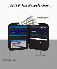 RFID Genuine Leather Mens Zipper Bifold Wallet Hipster Cowhide Credit Card Black