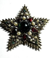 Spilla vintage argento bianco finta perla, smeraldo e rubino stella oro - Natale