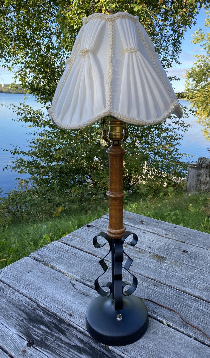 Vintage Mid-Century Leviton Table Lamp Wood Iron Scroll Metal 29