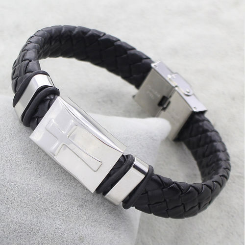 Bracciale In Pelle Nera Uomo OIDEA - Nodo Vichingo Con Croce In Acciaio, Regolabile, Regalo Perfetto