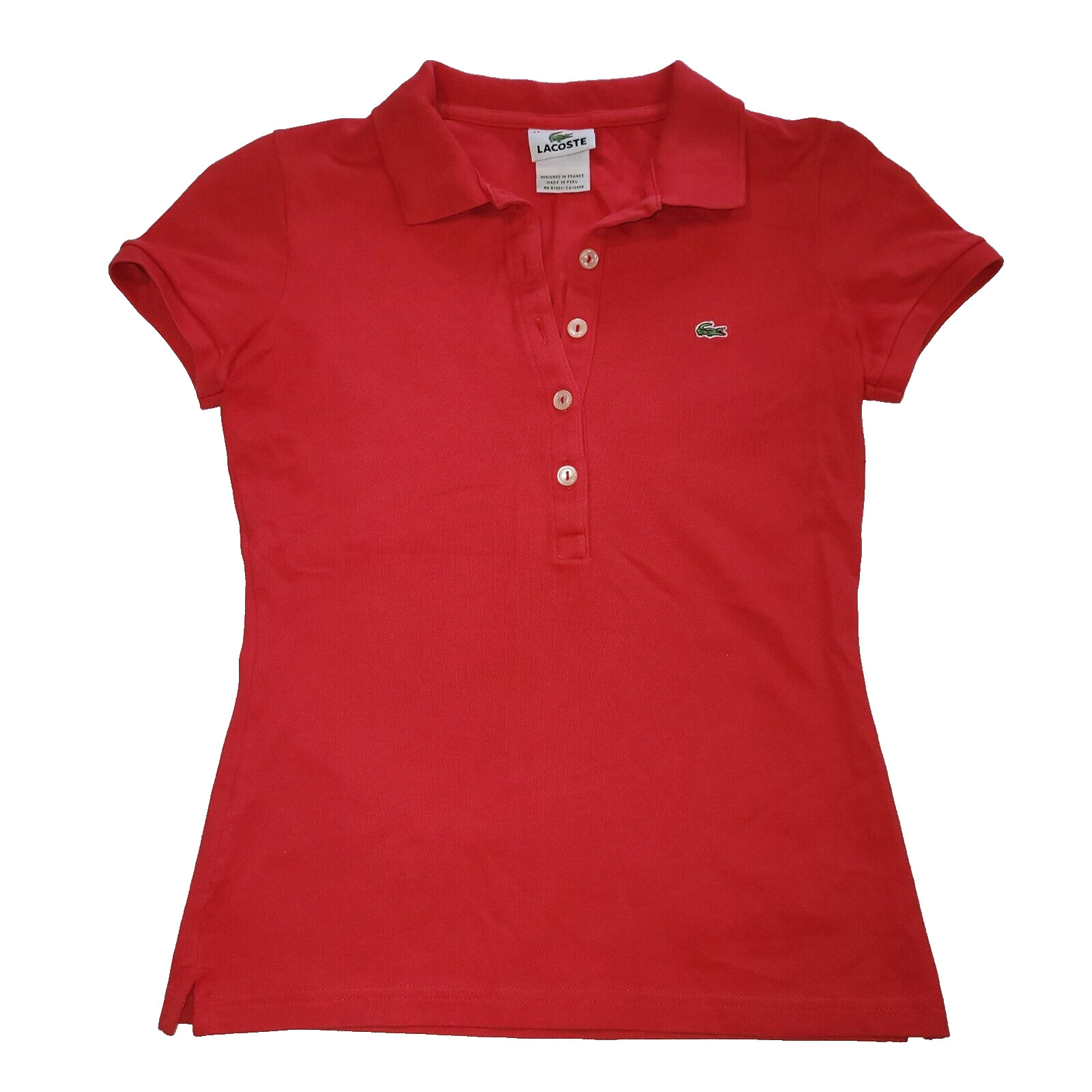 LACOSTE Red Slim Fit Polo Shirt Women’s 34 S Short Sleeve Button Up Crocodile