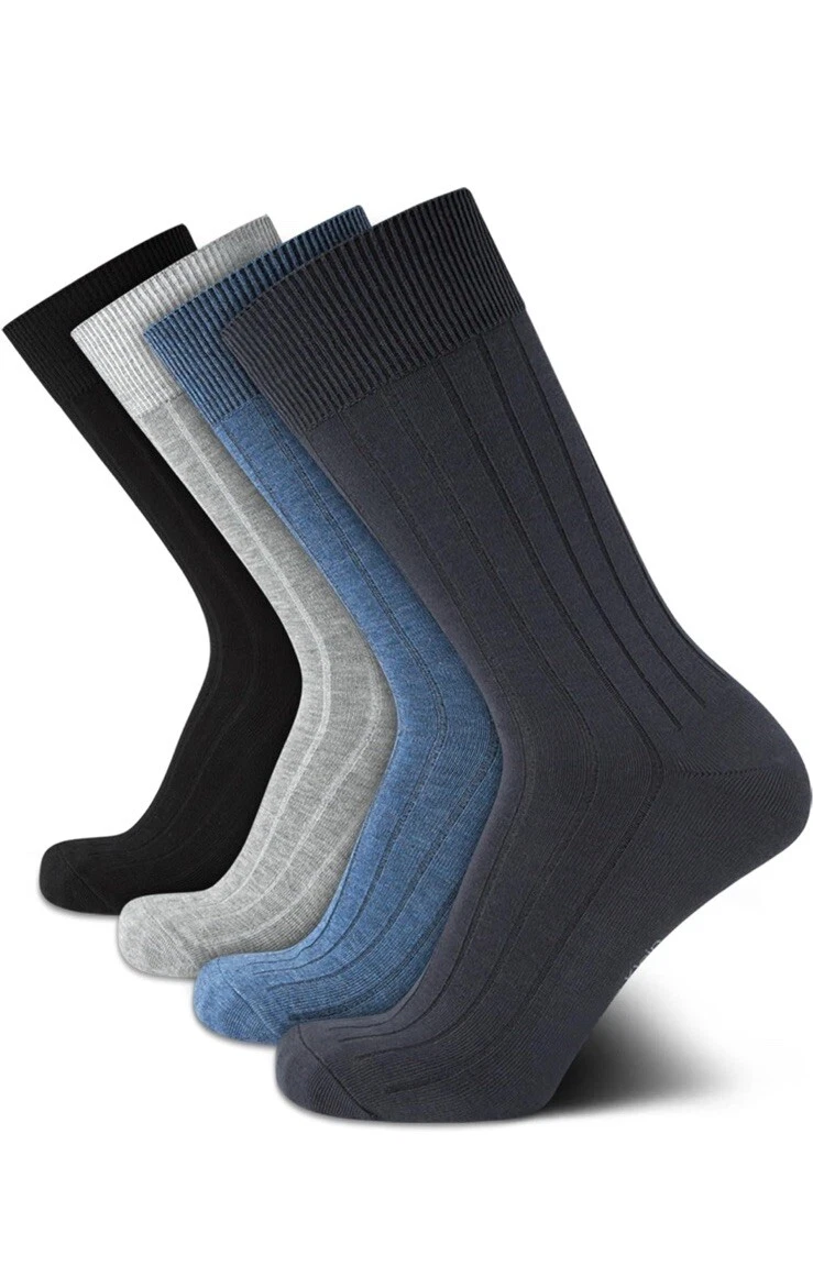 CALVIN KLEIN MENS 4 PAIR PACK WIDE RIB COTTON CREW SOCKS BLUE/GRAY/BLACK OS NWT