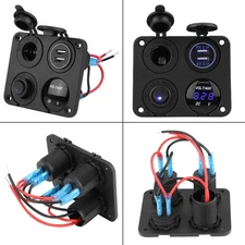4 Gang Toggle Switch Panel Dual USB Charger Voltmeter For Car RV Boat Black KMBW