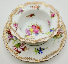 Antique Dresden Meissen Flowers Ramekin Custard Bowl With Under Plate Saucer