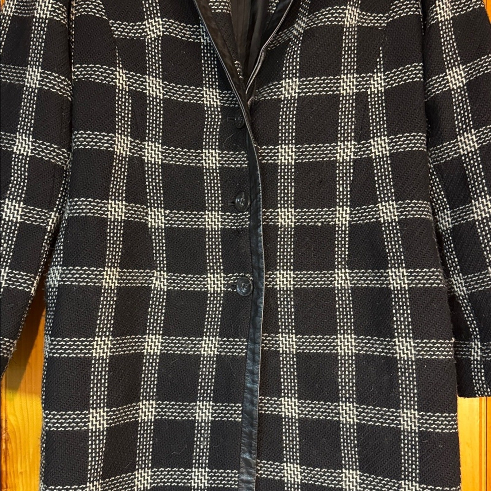 Banana Republic Black and White Wool Checkered Jacket with Faux Leather Trim