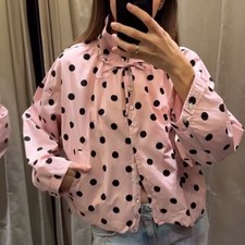 Pink Polka Dot Jacket Drawstring Design Short Coat High Collar Jacket  Spring