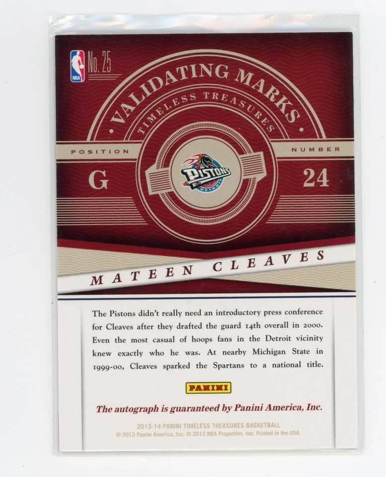 Mateen Cleaves Auto Detroit Pistons 2013-14 Panini Timeless Treasures 47/99 - Image 2 of 2