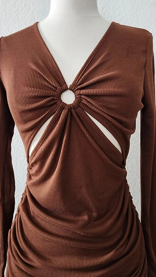 Urban Outfitters Dress New Size Large Brown Cut Out Ruched Sides Long Sleeve - Image 4 of 4
