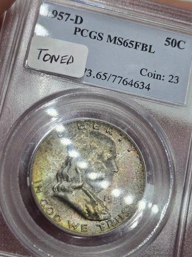 1957-D 50c Franklin Half Dollar Rainbow Toning PCGS MS 65 FBL ☆ Check My Store ☆