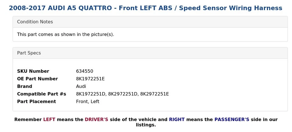 AUDI A5 QUATTRO 2008-2017 - ABS/sensor de velocidad delantero izquierdo arnés de cableado Foto 4 de 4