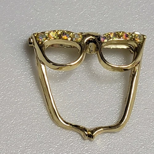 Vintage Fun AB Rhinestone Glasses Brooch Pin Gold Tone Retro Costume Jewelry