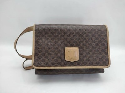 Celine Paris Brown Macadam Shoulder Bag Zip Closure Beige Strap Inner Pockets