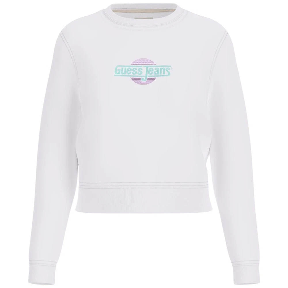 GUESS Sweat Blanc Femme - Col Rond Logo Avant, Manches Longues, Coton Bio