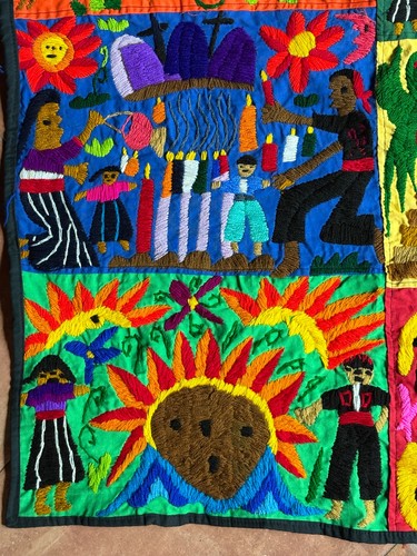 Vintage Guatemalan Hand Embroidered Tapestry Quilt, 30" x 30 1/2" - Picture 2 of 7
