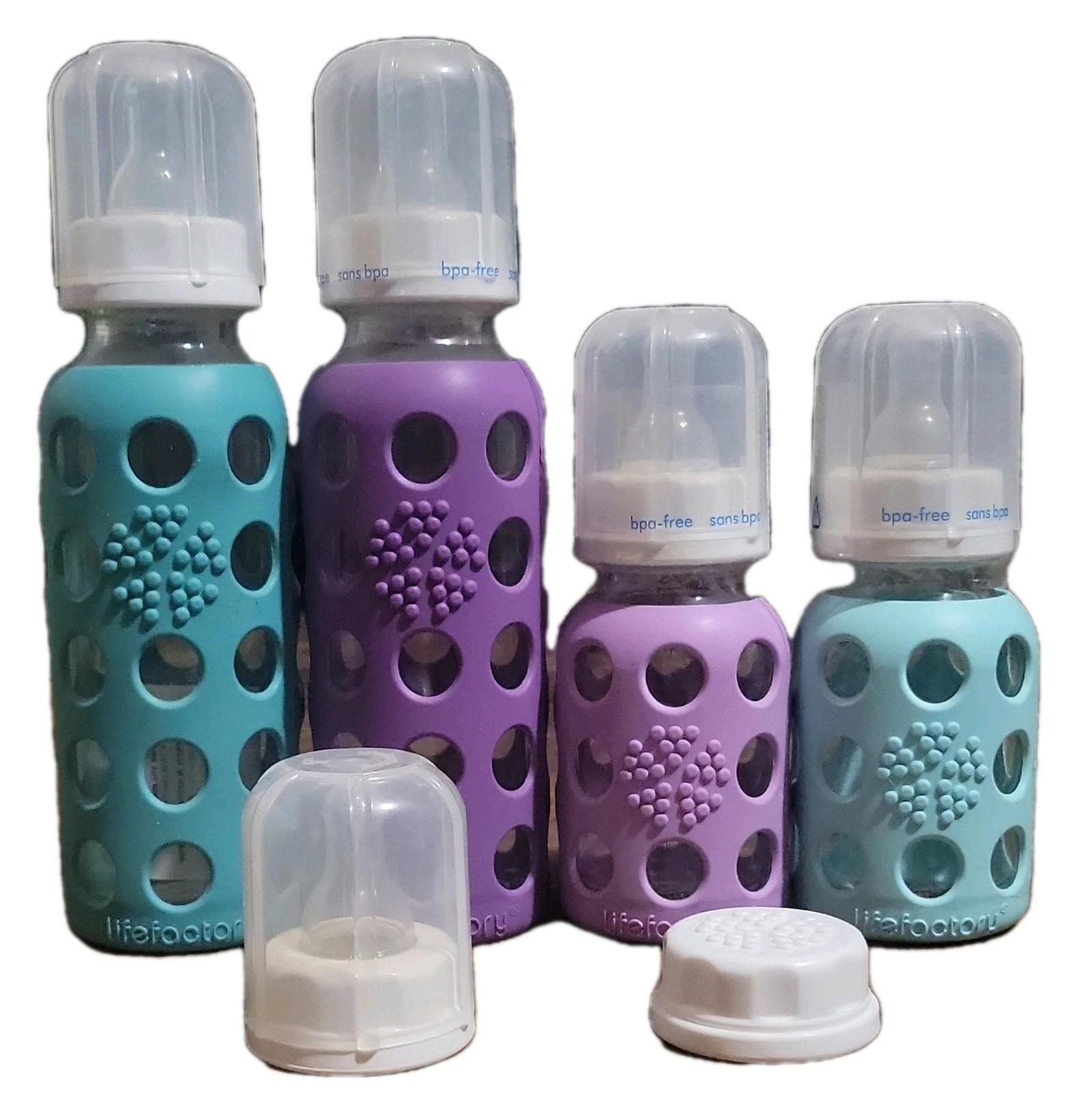 4 Lifefactory Glass Baby Bottle Set BPA-Free Purple Blue 120ml 240ml