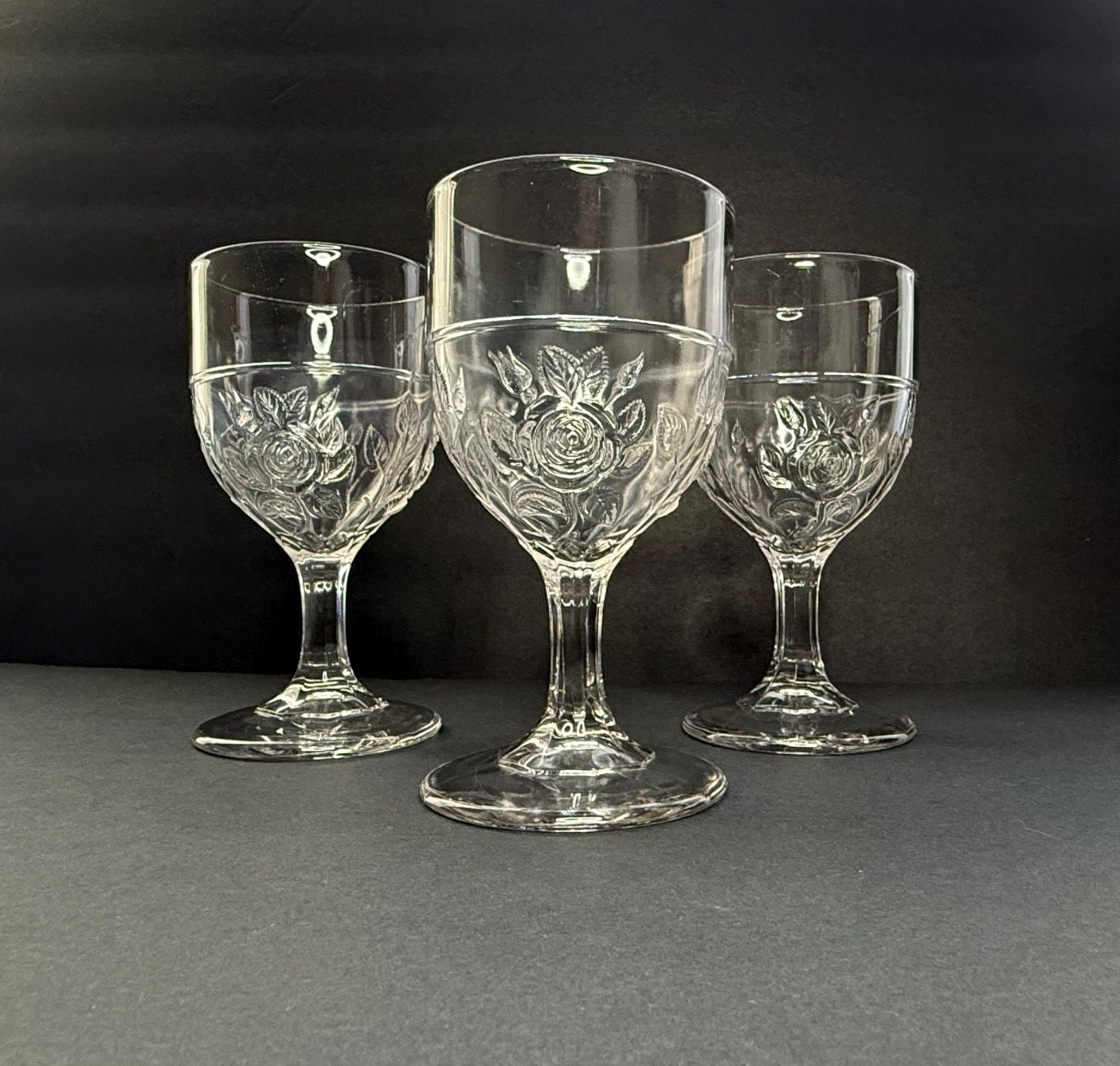 Set of 3 Open Rose Pressed Glass Water Wine Goblets