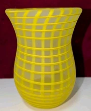 Frosted White Squared Art Glass Vase Bright Yellow Lined Design 